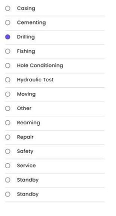 Drilling Activity dropdown