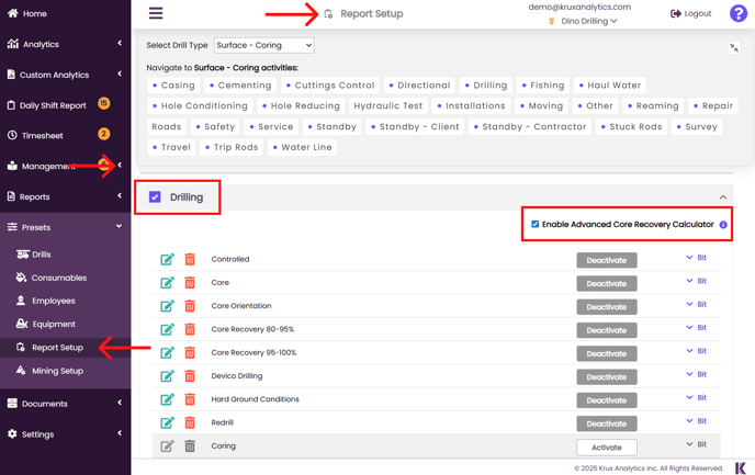 Presets Report Setup for ACRC
